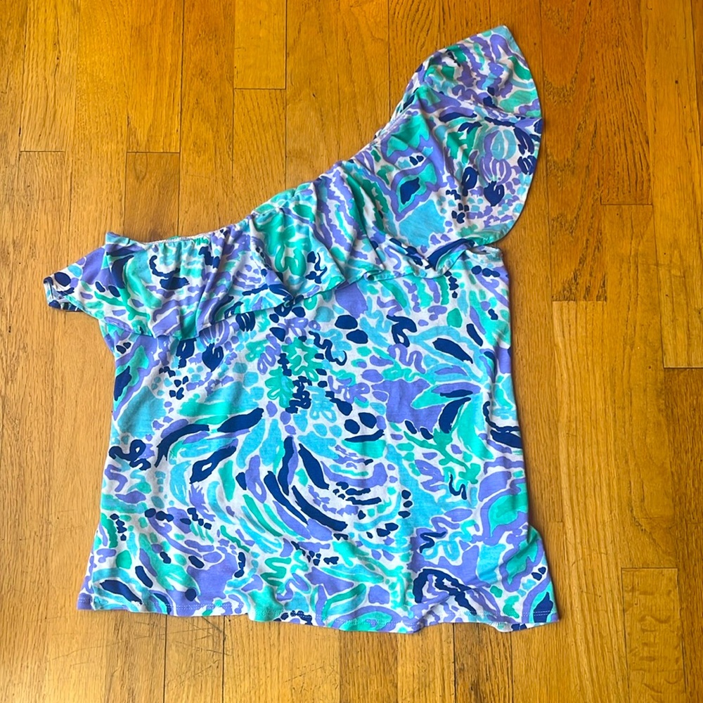 Lilly Pulitzer Neveah One-Shoulder Ruffle Top in Blue, Teal & Purple
